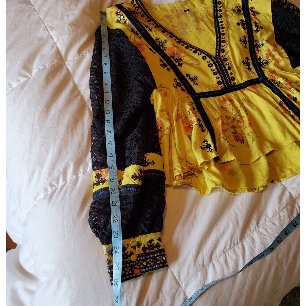 Free People Boogie All Night Yellow Boho Embellished Floral Blouse - Picture 5 of 8